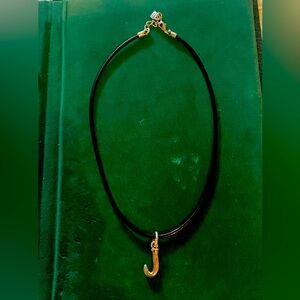 Uno de 50 Sterling silver plated black leather necklace and letter J charm